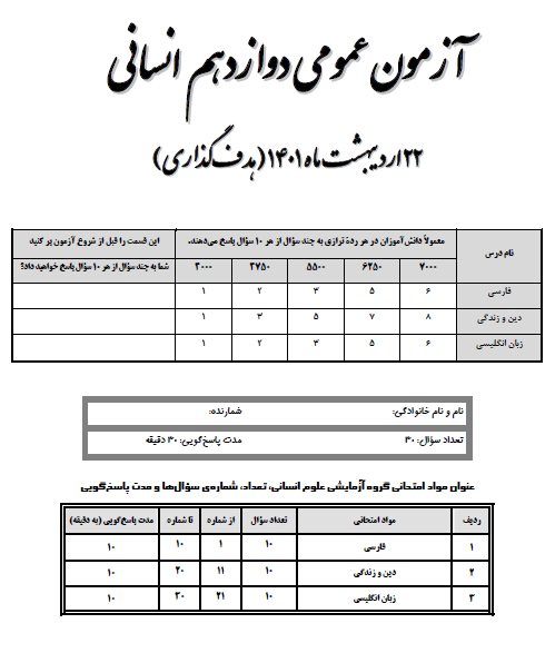 دانلود فایل پی دی اف آزمون هدفگذاری قلمچی پایه دوازدهم قلمچی رشته انسانی با پاسخنامه