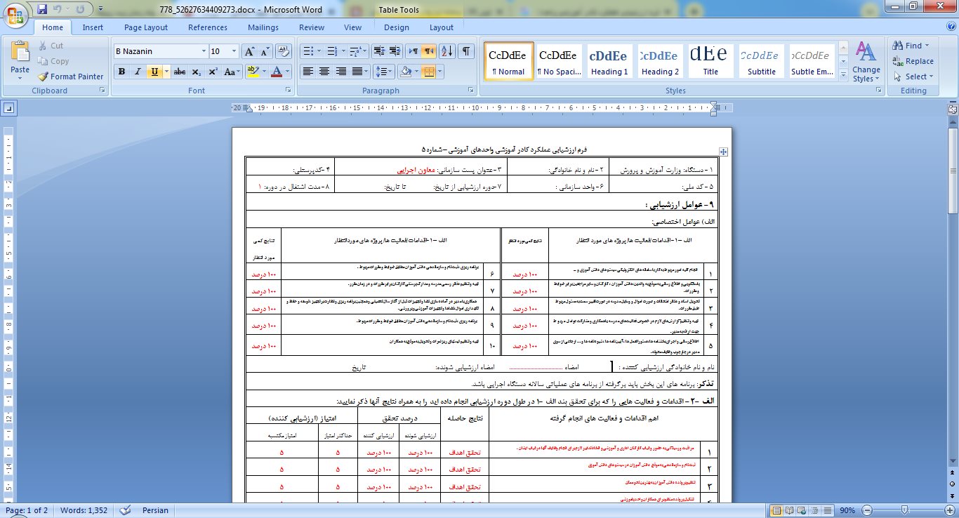 فرم ارزشيابی عملكرد كادر آموزشی واحدهای آموزشی